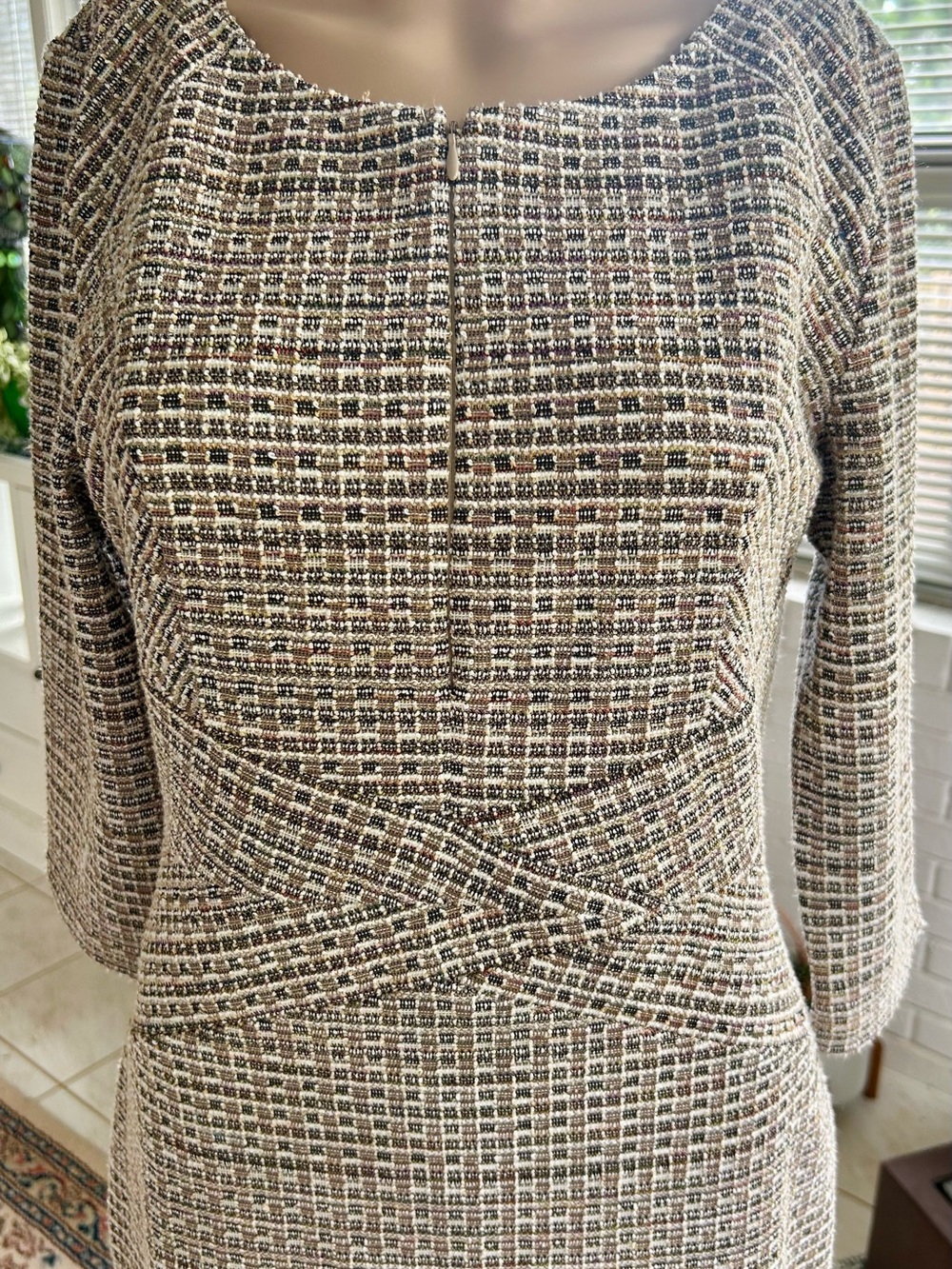Classic Taupe Tweed Long-Sleeve Sheath Dress